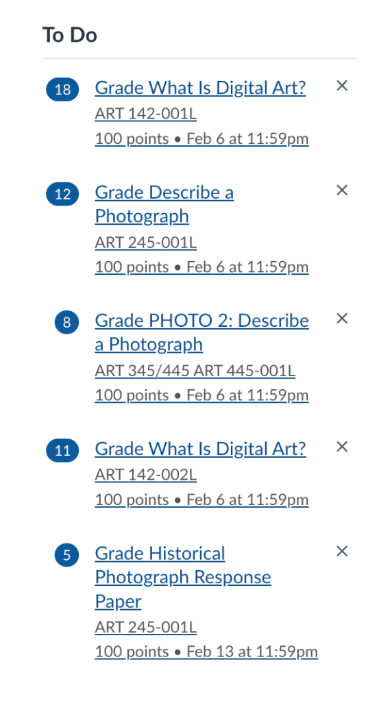 A list of assignments that need to be graded.